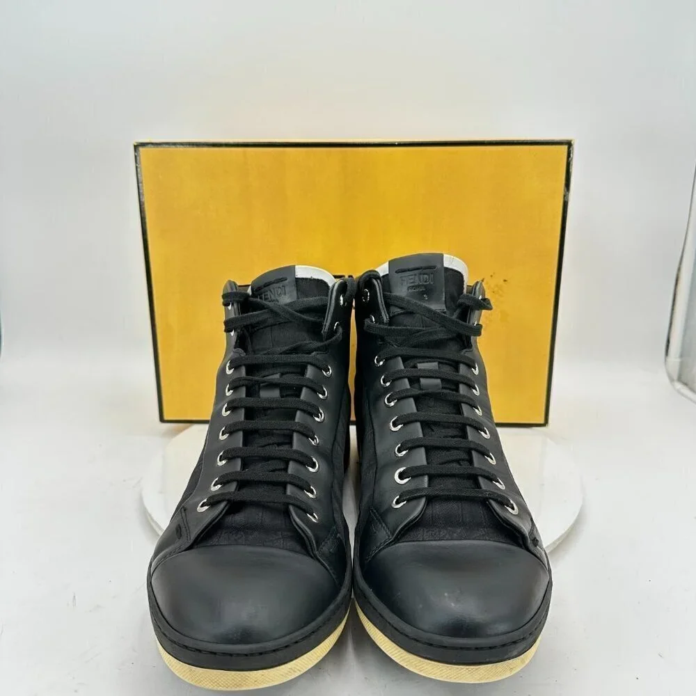 Fendi Men Size 9 Black Leather Printed High Top Lace Up Casual Shoes